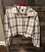 SHEIN Cream Plaid Cropped Button-Down Shirt with Black & Brown Stripes Photo 0