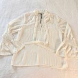 Waverly‎ Grey Tie Neck Ruffle Blouse Womens Size M White Smocked Sleeve Striped Photo 0