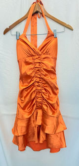 Morgan & Co. Orange Halter Dress Ruffle Size XS Formal Girls Womens Zipper‎ Back Photo 0