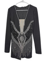 NWOT BANJUL Rhinestone Black Romper Mesh‎ Plunge V Long Sleeve - Large Photo 0