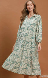 Umgee Linen Botanical Print Tiered Midi Dress - Palm Green - Small Photo 0