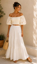 Surf Gypsy Cream Eyelet Puff Sleeve Crop Top Smocked Blouse Small Boho Photo 0