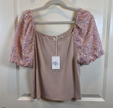 NEW Grace & Emma Boutique Large Pink Knit Shirt Iridescent Sequin Puff Sleeves Photo 0