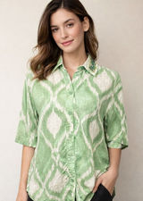 ZARA Green Cream Ikat Oversized Beaded‎ Collar Linen Blend Boho Coastal Shirt XS Photo 0