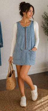 Arizona Jean Co Vintage Denim Pinafore Mini Dress Light‎ Wash Half Zip M Cowgirl Photo 0