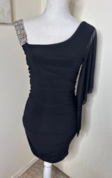 VTG Y2K Deb Black One-Shoulder Ruched Mini Dress -Rhinestone Strap& Sheer Sleeve Photo 0