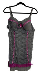 Just‎ Sexy Intimate Chemise Lingerie Coquette Gray Pink Ribbon Lace 2X Photo 0