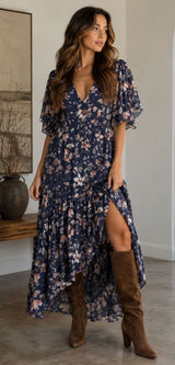 Boutique Navy Floral Flutter Sleeve Tiered Maxi Dress XXL NWT Photo 0