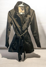 Mac & Jac Black Hooded Trench Coat Jacket Belted Ruffle Hem Women's Size XS Photo 0