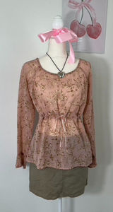 Vintage Y2K George Pink Floral‎ Sheer Mesh Milkmaid Tie Front Top Womens Large Photo 0