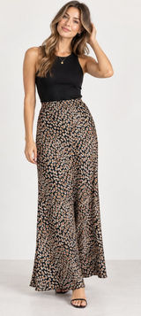 Intimately Free People Black Tan Animal Print Satin Maxi Skirt Womens XL Casual Photo 0
