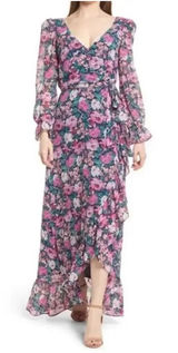 WAYF The Emery‎ Size Small Faux Wrap Long Sleeve Floral Maxi Dress V-Neck Ruffle Photo 0
