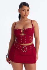 Red Lace-Trim Grommet Mini Dress Set - Women Photo 0