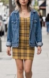 Y2K Mustard Yellow & Black Plaid Mini Slip Dress 90s Schoolgirl S/M Photo 0