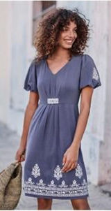 Garnet Hill Orion Embroidered Knit Dress Slate Blue Size Medium Photo 0