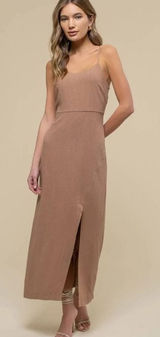 The Workshop Maxi Dress Almond Brown Linen Blend Open Back Minimalist Neutral L Photo 0