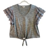 Maurices Gray Tie Front Top Crochet‎ Lace Flutter Sleeves Women's Size XL Photo 0