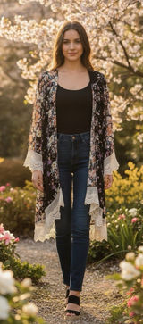 Umgee Boho Floral Open Front Kimono Crochet Lace Hem Festival Layering Top Photo 0