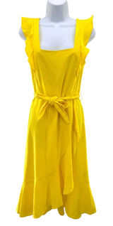 Reserved Yellow Linen Blend Ruffle Wrap Midi Dress Square Neck Tie‎ Waist 8 Photo 0
