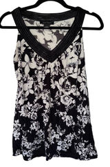 White House Black Market Floral V-Neck Sleeveless Blouse Black White Small Photo 0