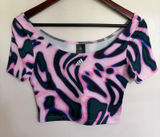 Adidas Women Pink Teal Abstract Swirl Print Short Sleeve Crop Top Small Photo 0
