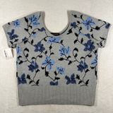 Club Monaco Women Floral Jacquard Wool Knit Tee Grey Blue Short Sleeve Large L Photo 0
