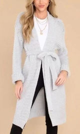 Miracle Relax More Grey Midi Cardigan Tie Chunky Knit M/L Photo 0