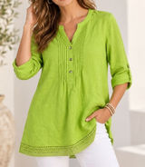 Rafaella Size S Linen Tunic Top Shirt Roll Tab Sleeve Neon Green Button Front Photo 0