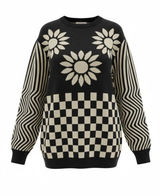 OXKNIT 2XL Black White Daisy Checkerboard Stripe Knit Sweater Retro Photo 0