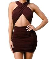 Privy Beaded Sparkle Crossover Bodycon Mini Dress Brown Size Small NWT Photo 0