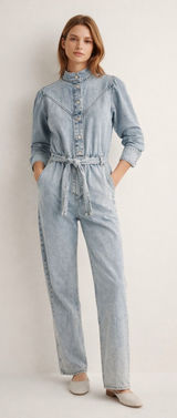 MNG Denim Jumpsuit Women's‎ XS Light Wash Tie Waist Button Front Western NWT Photo 0