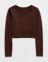 Aerie OFFLINE Sidewalk Seamless Long Sleeve Cropped T Shirt Brown Medium Photo 0
