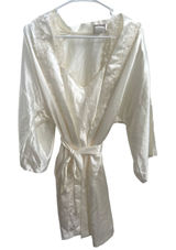 Vintage 90s Ivory Satin Bridal Peignoir Set Robe & Slip Floral Lace Pearl S Photo 0