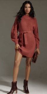 Anthropologie Maeve Mini Dress Cedar Long Sleeve Mock Neck Tie Waist XL NWT‎ Photo 0