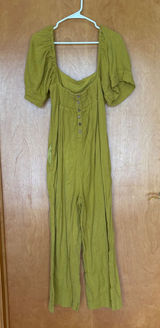 Free People Jumpsuit Womens Size 4 Mustard Yellow Puff Sleeve Wide Leg Textured Photo 0
