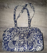 Vera Bradley Navy And White Floral Print Twirly Bird Pattern Zip Up Tote Bag Photo 0