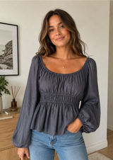 52Seven Gray‎ Smocked Peplum Top Balloon Sleeve XXL Cottagecore Romantic Boho Photo 0