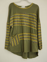 Neon Buddha 1X Tunic Top Green Striped Raw Edge Cotton Pocket Lagenlook Indie Photo 0