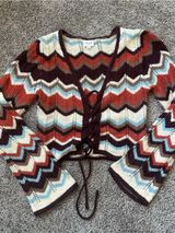 Le Lis Multicolor Chevron Lace-Up Cardigan in Cream, Rust, Burgundy & Light Blue Photo 0
