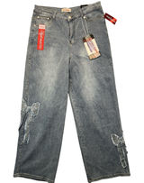 Red Bottoms Women High Waisted Relaxed Straight Rhinestone‎ Bow Jeans 16 (34x30) Photo 0