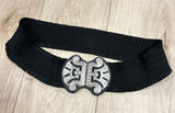 Chicos Black Elastic Stretch Belt Ornate Rhinestone Silver Tone Buckle Wide S/M Photo 0