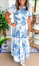 Rosa Clothing Landscape Porcelain Toile Print Flare Maxi Dress Medium New Photo 0