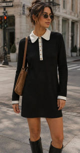 H&M Knitted Collared Dress Black White Long Sleeve Size M 60s Mod Parisian Chic Photo 0