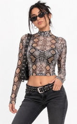 NWT Womens Y2K Mesh Snakeskin Crop Top Brown Mock Neck Sheer Long Sleeve Size M Photo 0