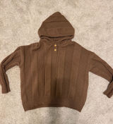 Women’s Brown Knit Hooded Zip-Up Sweater with Button Henley Photo 0