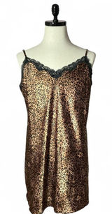 Morgan Taylor Leopard Print Slip Nightgown Cami Dress Black‎ Lace Trim Valentine Photo 0