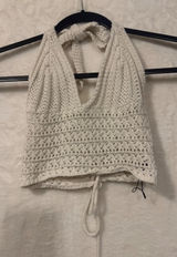 Romwe Crochet Halter Top Cream Boho Knit Lace Up Back Crop Top XS‎ Photo 0