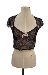 Sugar Thrillz Dolls Kill Lace Crop Top Black Pink Bow Sheer Floral NWT Medium Photo 0