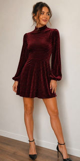 Lulus Velvet Stripe Mock Neck Mini Dress Women's S Burgundy Balloon Sleeves Photo 0