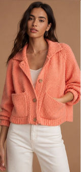 Corral ✨ NWT Pilcro Anthropologie Chunky Knit Cardigan‎ Size M Coral Collared Sweater ✨ Photo 0